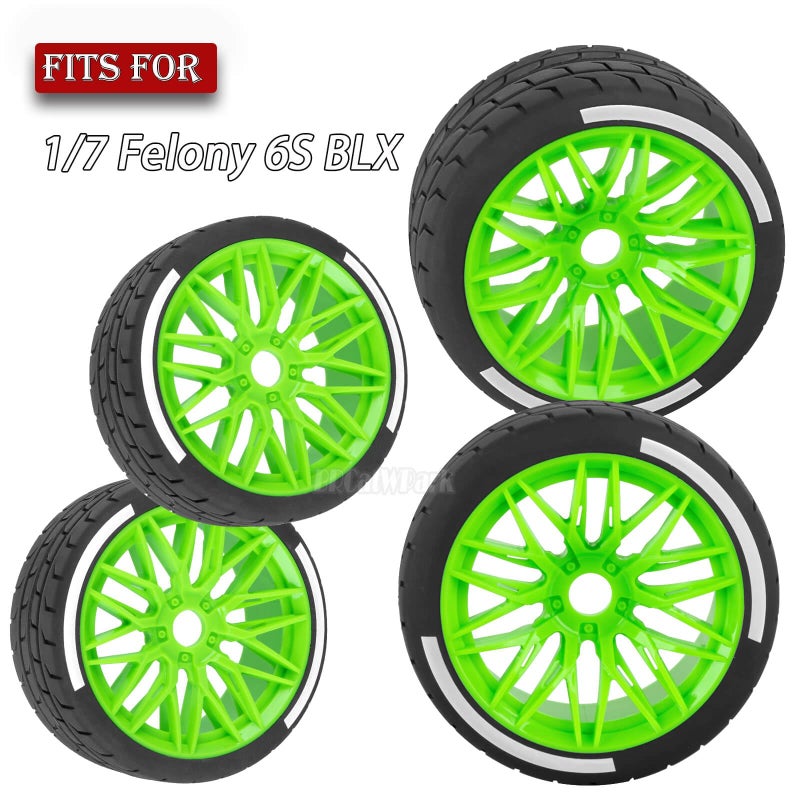 عجلات وإطارات BRCatWPark RC لـ 1/7 Felony 6S BLX، إطارات مطاطية لعجلة الطريق السريع RC، 4 قطع RC Drift Car Highway Tires Road Soft Tires، أخضر - Image 2